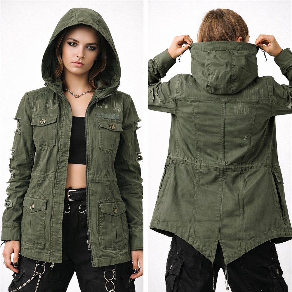 BOUNDLESS NORTH Distressed Utility Jacket w/ Removable Hood Olive Army Green S